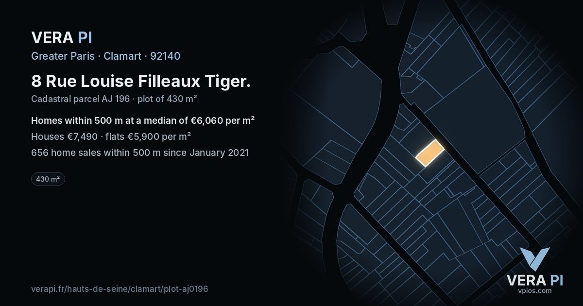 8 Rue Louise Filleaux Tiger, Clamart at night – the plot lit, the parcels around coloured by the prices near them