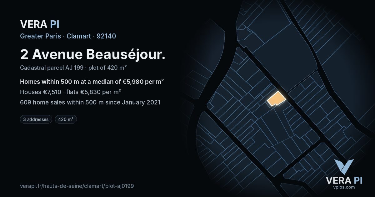 2 Avenue Beauséjour, Clamart at night – the plot lit, the parcels around coloured by the prices near them