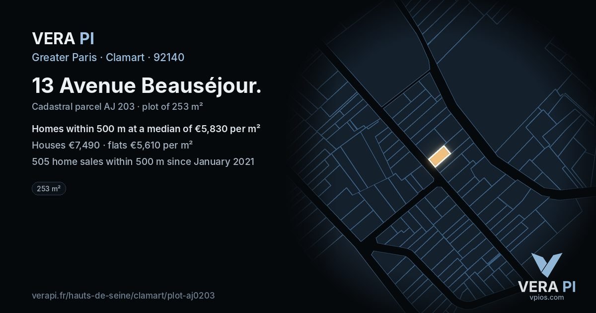 13 Avenue Beauséjour, Clamart at night – the plot lit, the parcels around coloured by the prices near them