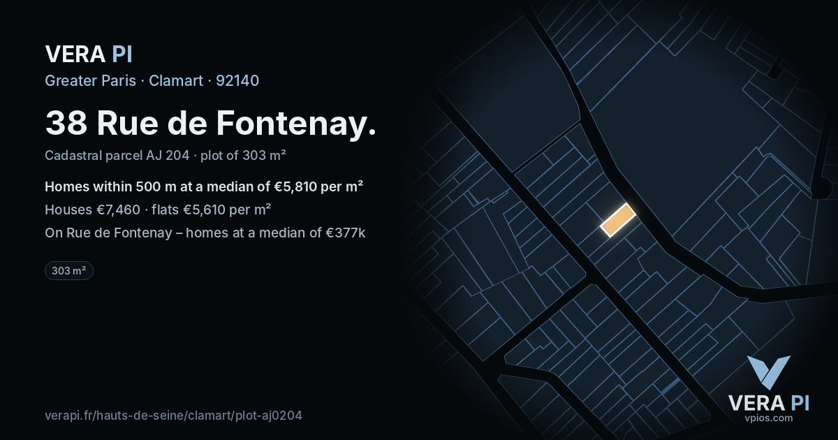 38 Rue de Fontenay, Clamart at night – the plot lit, the parcels around coloured by the prices near them