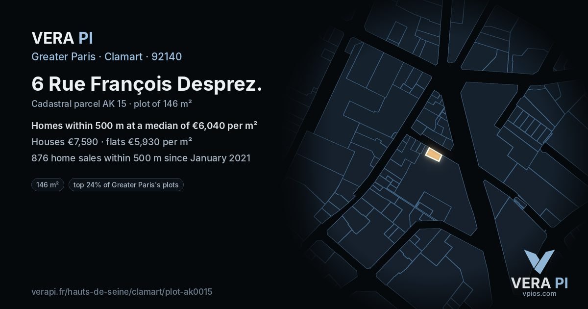 6 Rue François Desprez, Clamart at night – the plot lit, the parcels around coloured by the prices near them