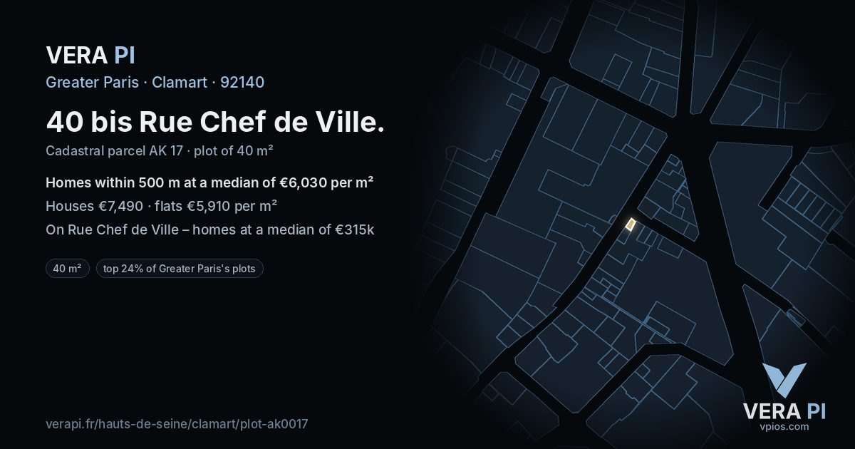 40 bis Rue Chef de Ville, Clamart at night – the plot lit, the parcels around coloured by the prices near them