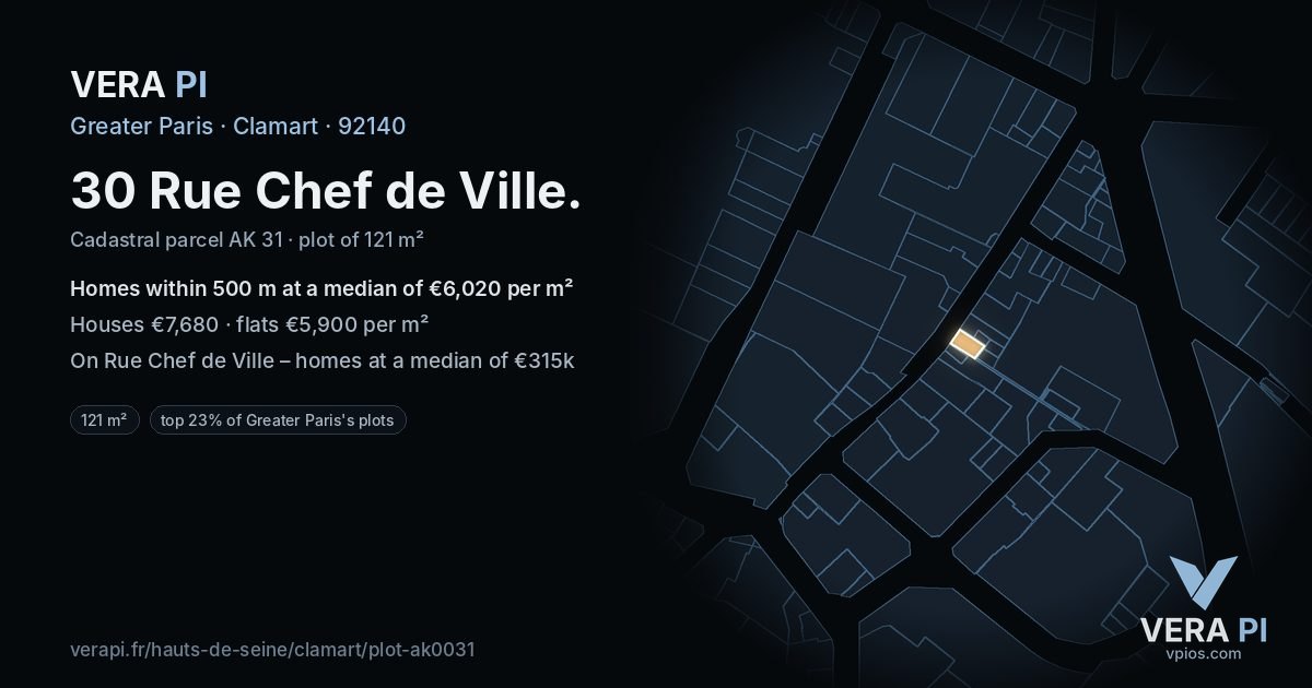 30 Rue Chef de Ville, Clamart at night – the plot lit, the parcels around coloured by the prices near them