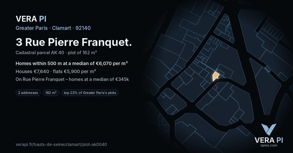 3 Rue Pierre Franquet, Clamart at night – the plot lit, the parcels around coloured by the prices near them