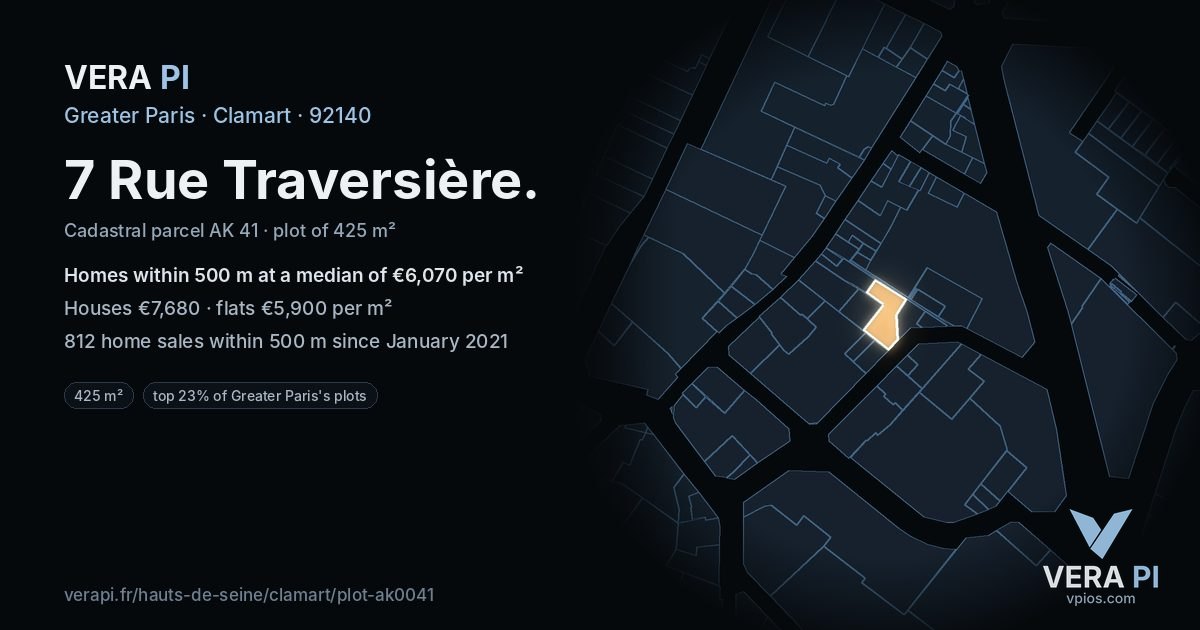 7 Rue Traversière, Clamart at night – the plot lit, the parcels around coloured by the prices near them