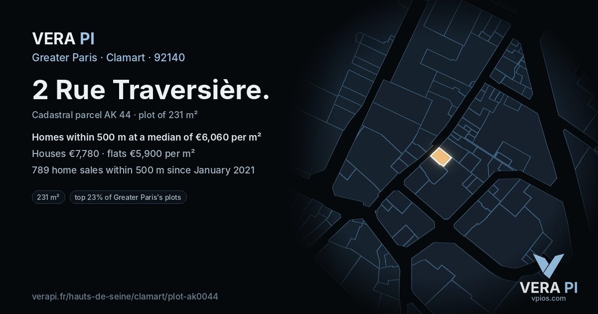 2 Rue Traversière, Clamart at night – the plot lit, the parcels around coloured by the prices near them