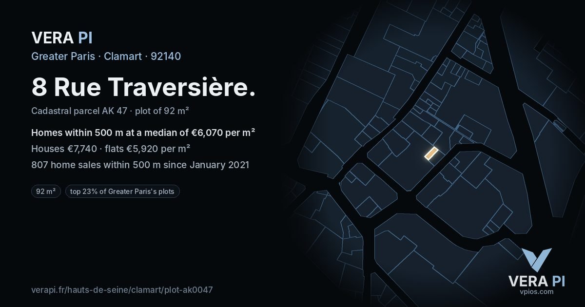 8 Rue Traversière, Clamart at night – the plot lit, the parcels around coloured by the prices near them