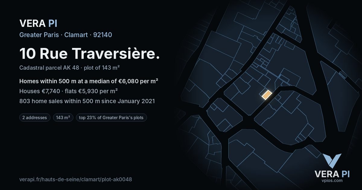 10 Rue Traversière, Clamart at night – the plot lit, the parcels around coloured by the prices near them