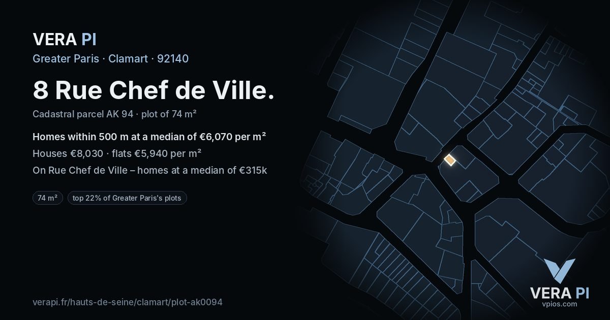 8 Rue Chef de Ville, Clamart at night – the plot lit, the parcels around coloured by the prices near them