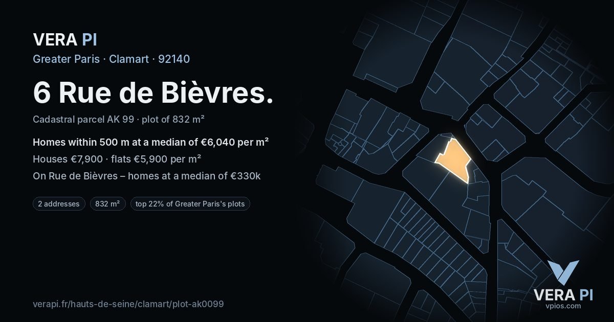 6 Rue de Bièvres, Clamart at night – the plot lit, the parcels around coloured by the prices near them