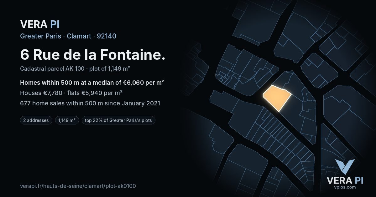 6 Rue de la Fontaine, Clamart at night – the plot lit, the parcels around coloured by the prices near them