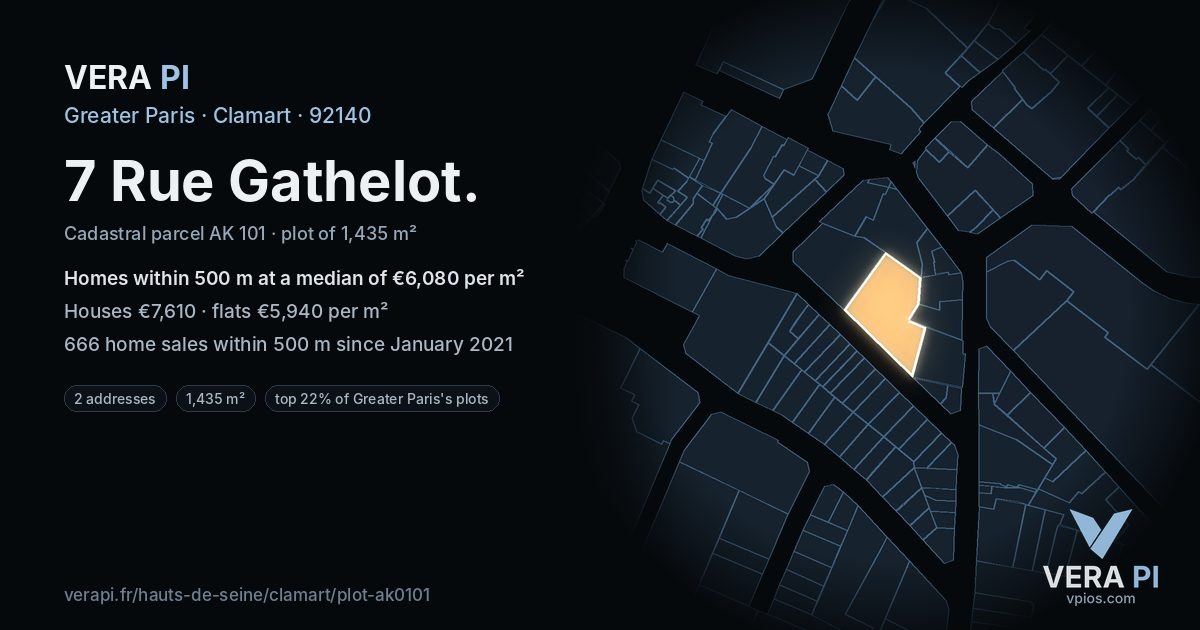 7 Rue Gathelot, Clamart at night – the plot lit, the parcels around coloured by the prices near them