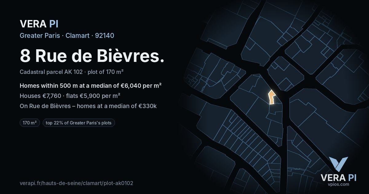 8 Rue de Bièvres, Clamart at night – the plot lit, the parcels around coloured by the prices near them