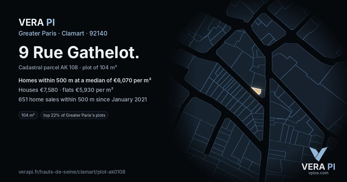9 Rue Gathelot, Clamart at night – the plot lit, the parcels around coloured by the prices near them