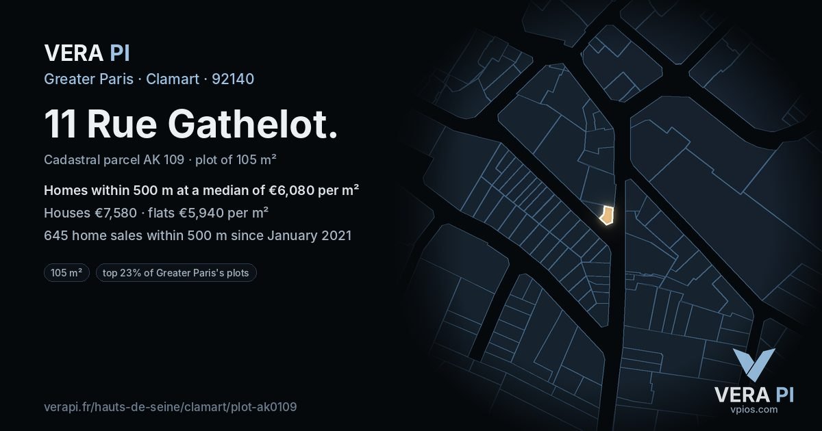 11 Rue Gathelot, Clamart at night – the plot lit, the parcels around coloured by the prices near them