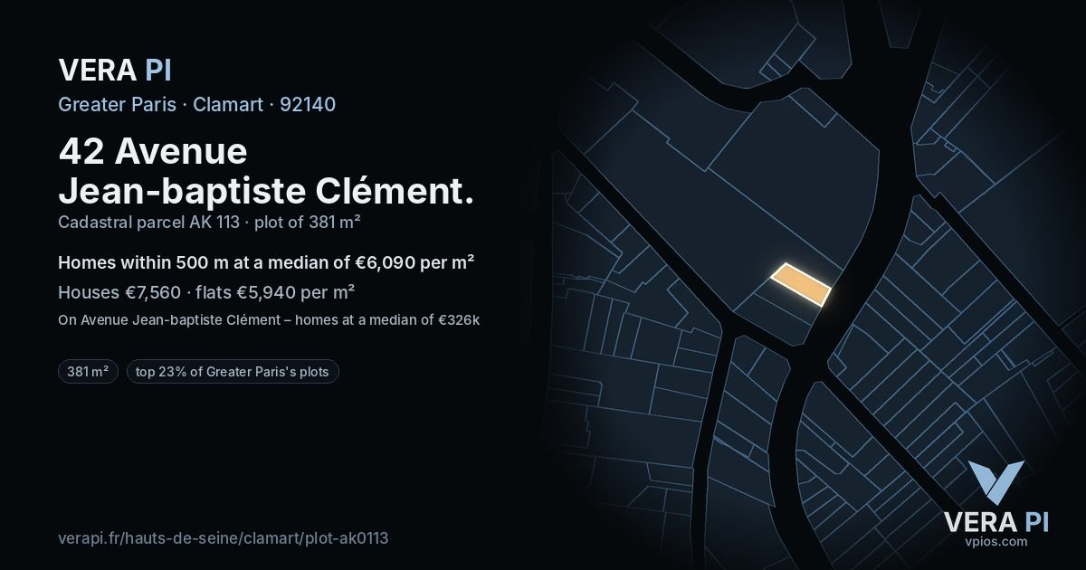 42 Avenue Jean-baptiste Clément, Clamart at night – the plot lit, the parcels around coloured by the prices near them