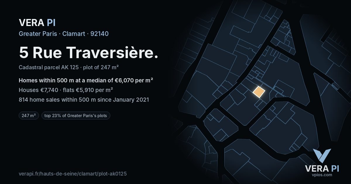 5 Rue Traversière, Clamart at night – the plot lit, the parcels around coloured by the prices near them