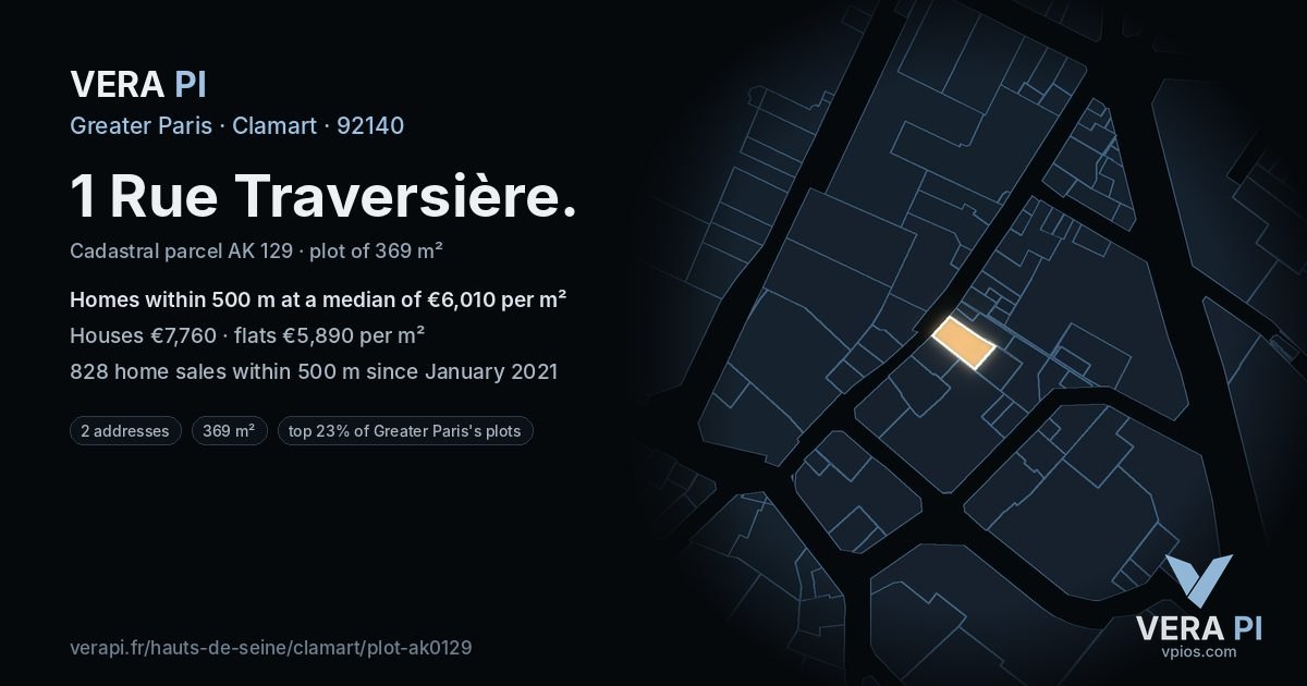 1 Rue Traversière, Clamart at night – the plot lit, the parcels around coloured by the prices near them