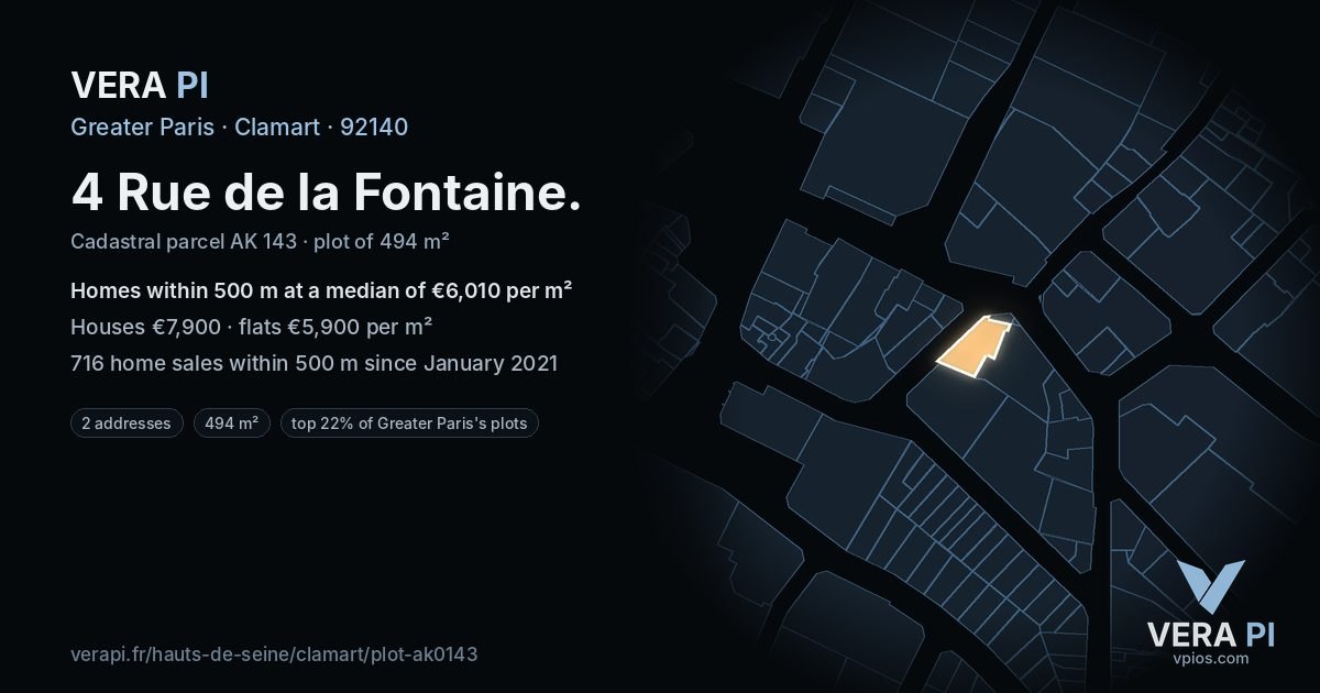 4 Rue de la Fontaine, Clamart at night – the plot lit, the parcels around coloured by the prices near them