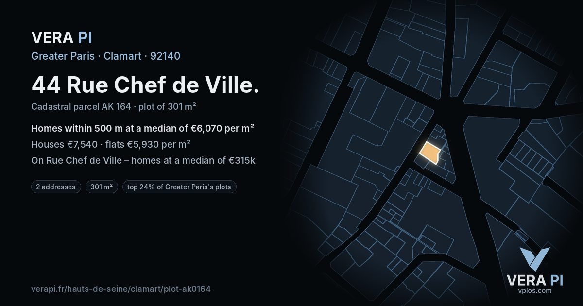 44 Rue Chef de Ville, Clamart at night – the plot lit, the parcels around coloured by the prices near them
