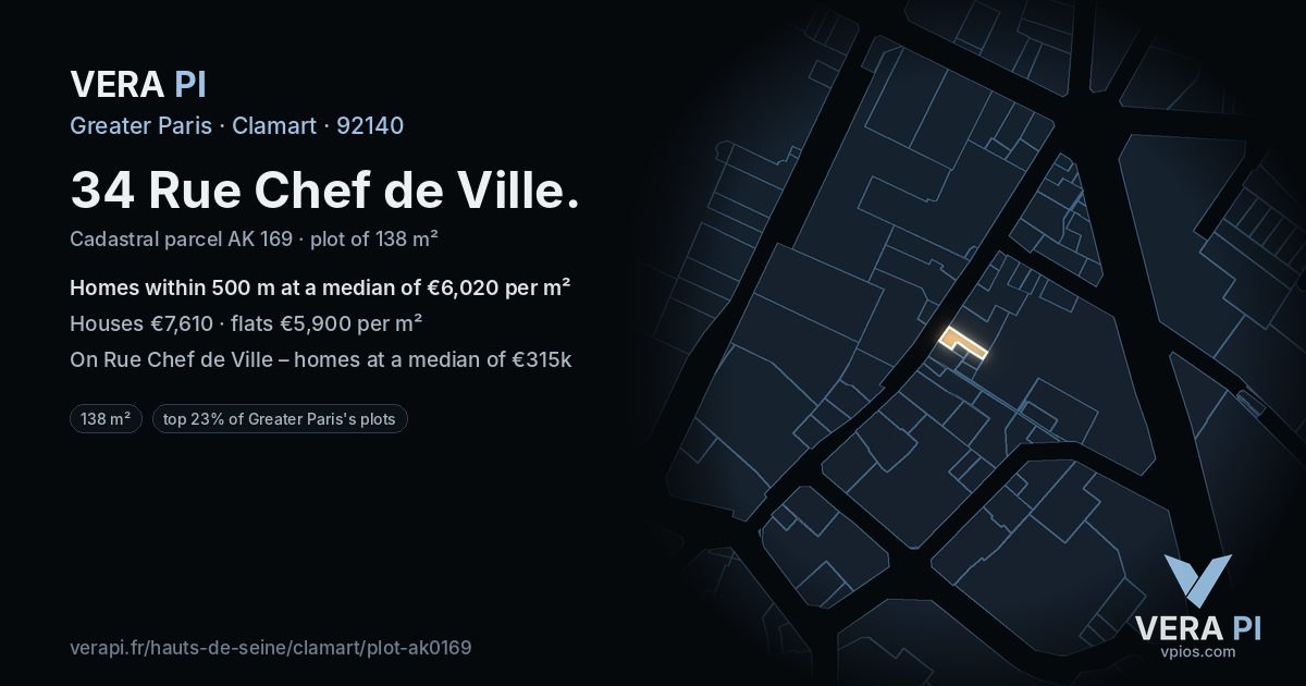 34 Rue Chef de Ville, Clamart at night – the plot lit, the parcels around coloured by the prices near them