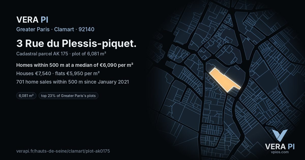 3 Rue du Plessis-piquet, Clamart at night – the plot lit, the parcels around coloured by the prices near them