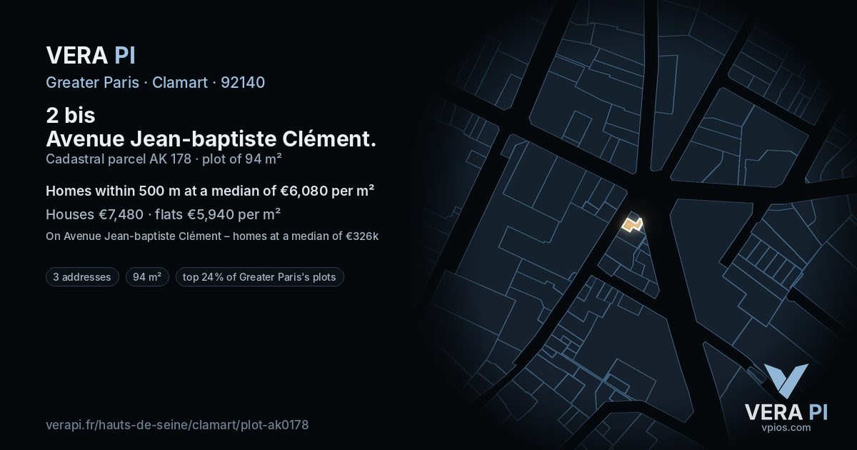 2 bis Avenue Jean-baptiste Clément, Clamart at night – the plot lit, the parcels around coloured by the prices near them