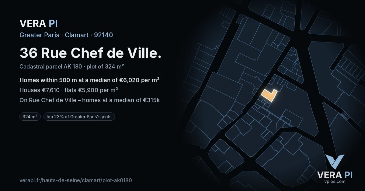 36 Rue Chef de Ville, Clamart at night – the plot lit, the parcels around coloured by the prices near them