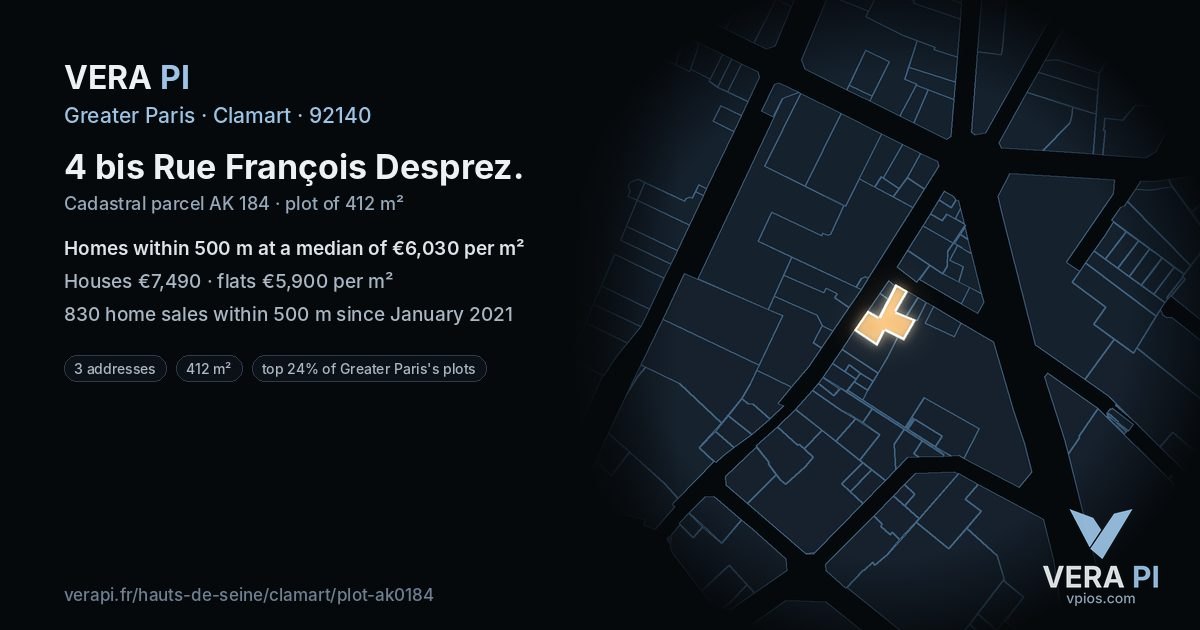 4 bis Rue François Desprez, Clamart at night – the plot lit, the parcels around coloured by the prices near them