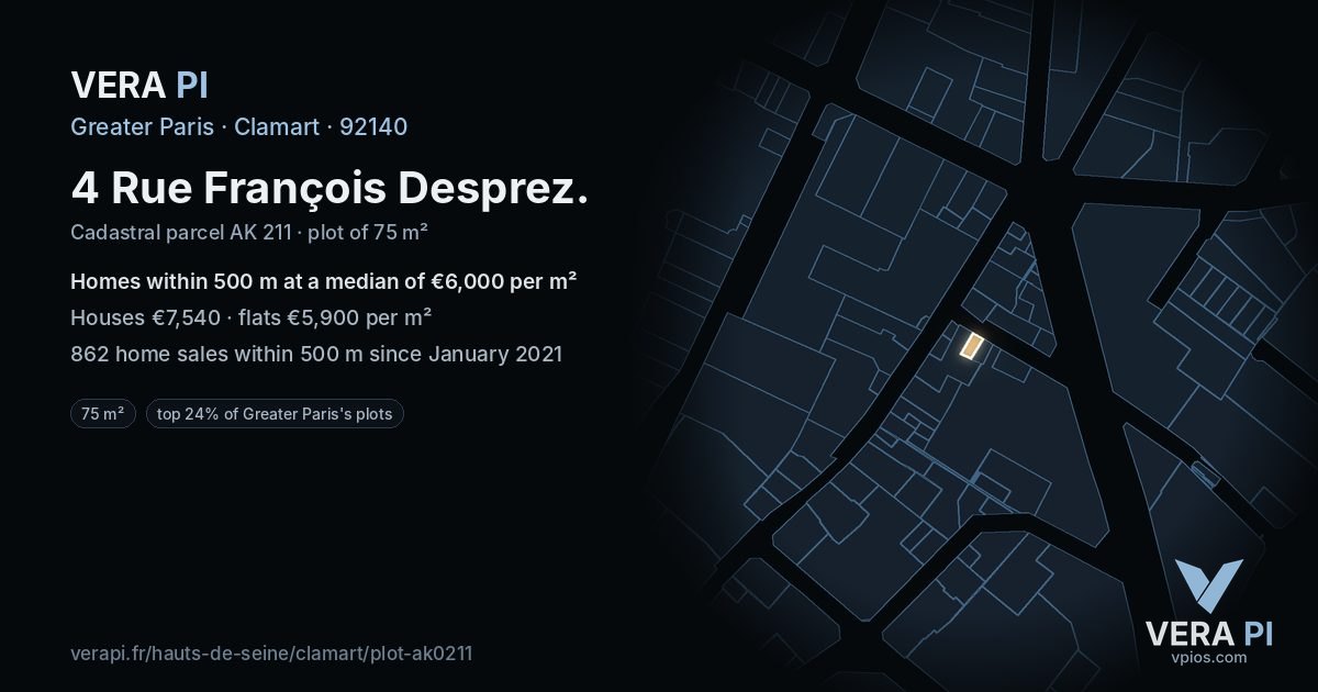 4 Rue François Desprez, Clamart at night – the plot lit, the parcels around coloured by the prices near them