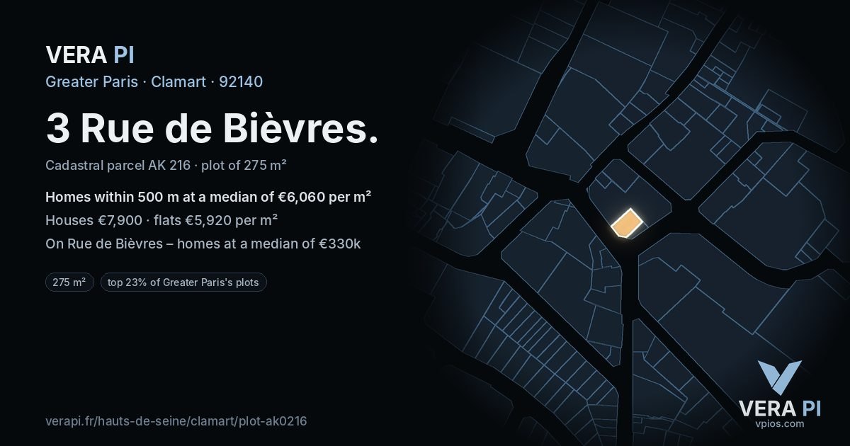 3 Rue de Bièvres, Clamart at night – the plot lit, the parcels around coloured by the prices near them