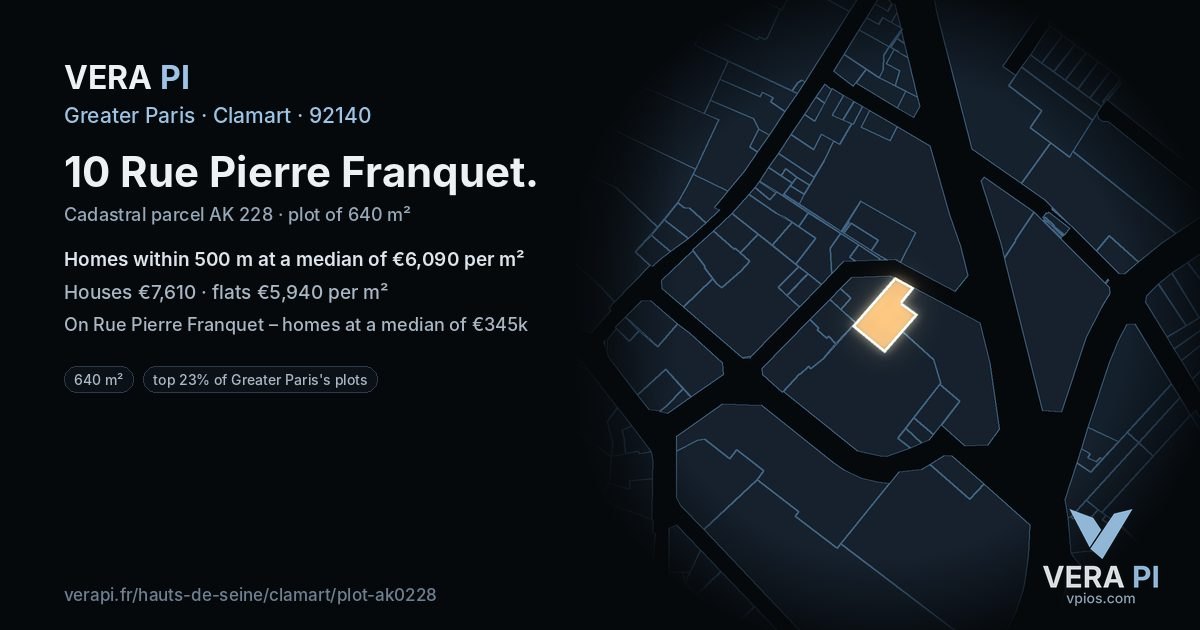 10 Rue Pierre Franquet, Clamart at night – the plot lit, the parcels around coloured by the prices near them