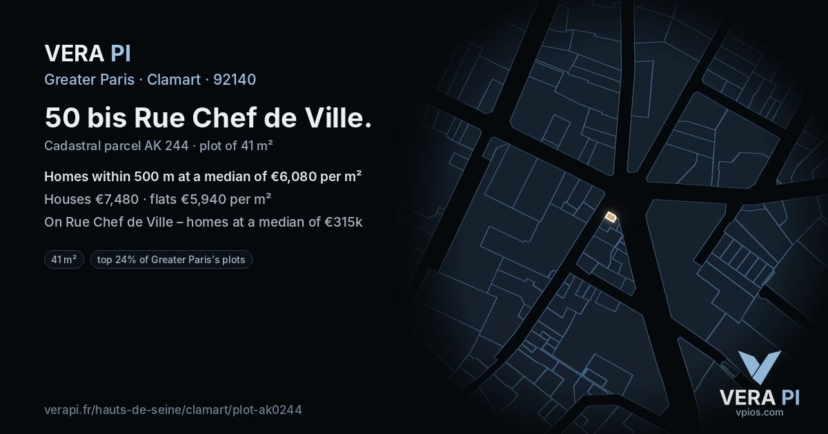 50 bis Rue Chef de Ville, Clamart at night – the plot lit, the parcels around coloured by the prices near them