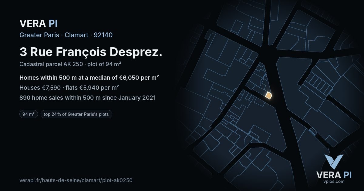 3 Rue François Desprez, Clamart at night – the plot lit, the parcels around coloured by the prices near them