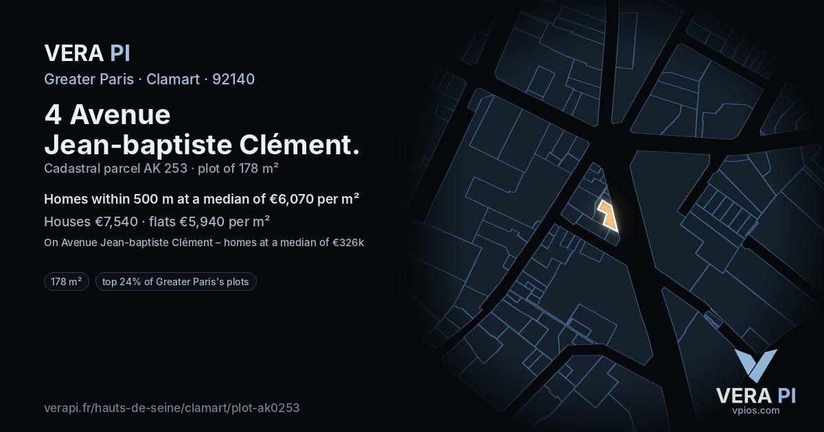 4 Avenue Jean-baptiste Clément, Clamart at night – the plot lit, the parcels around coloured by the prices near them
