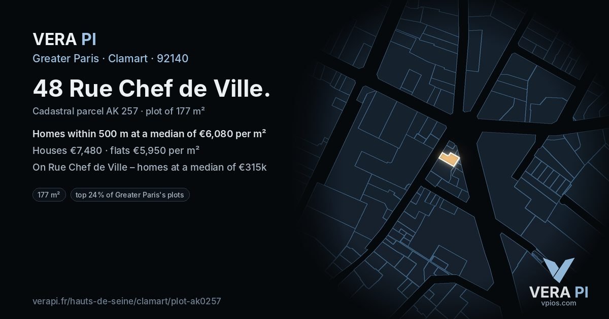 48 Rue Chef de Ville, Clamart at night – the plot lit, the parcels around coloured by the prices near them