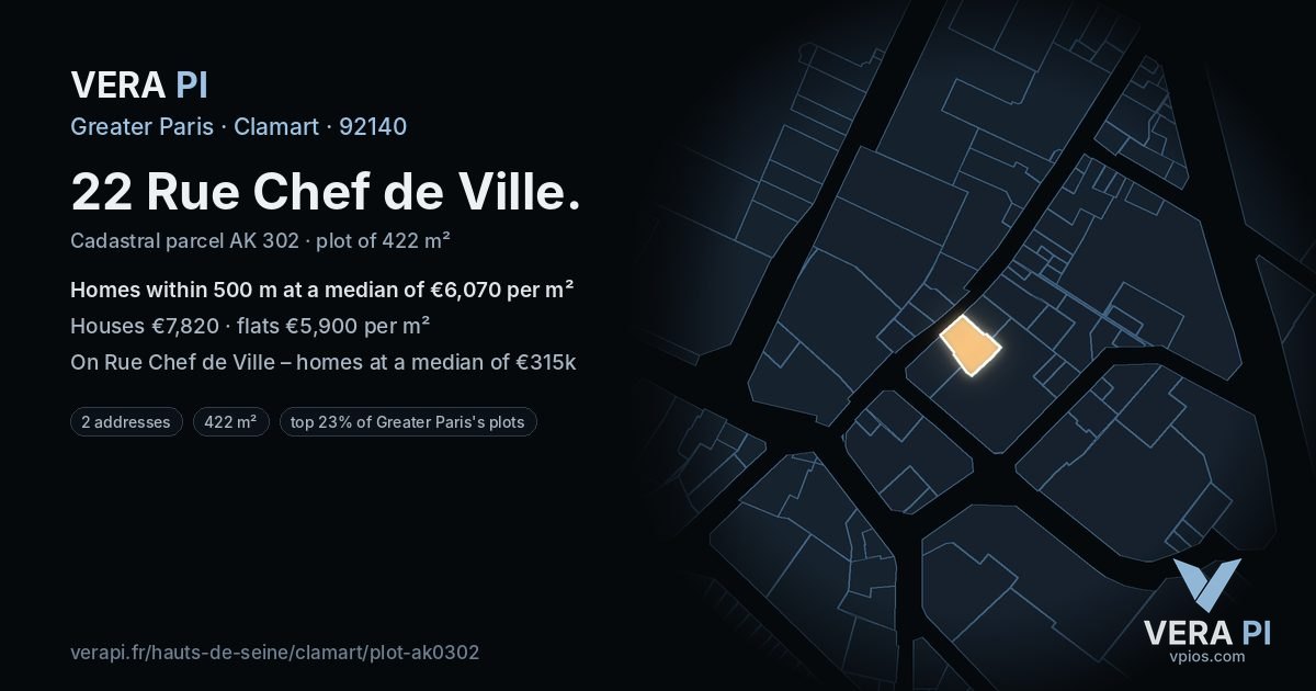 22 Rue Chef de Ville, Clamart at night – the plot lit, the parcels around coloured by the prices near them