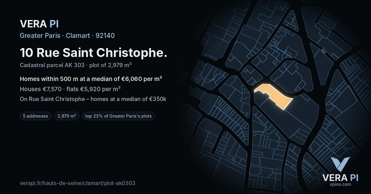 10 Rue Saint Christophe, Clamart at night – the plot lit, the parcels around coloured by the prices near them
