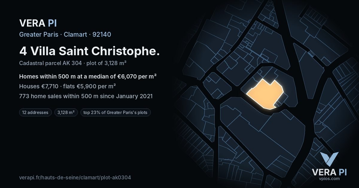 4 Villa Saint Christophe, Clamart at night – the plot lit, the parcels around coloured by the prices near them