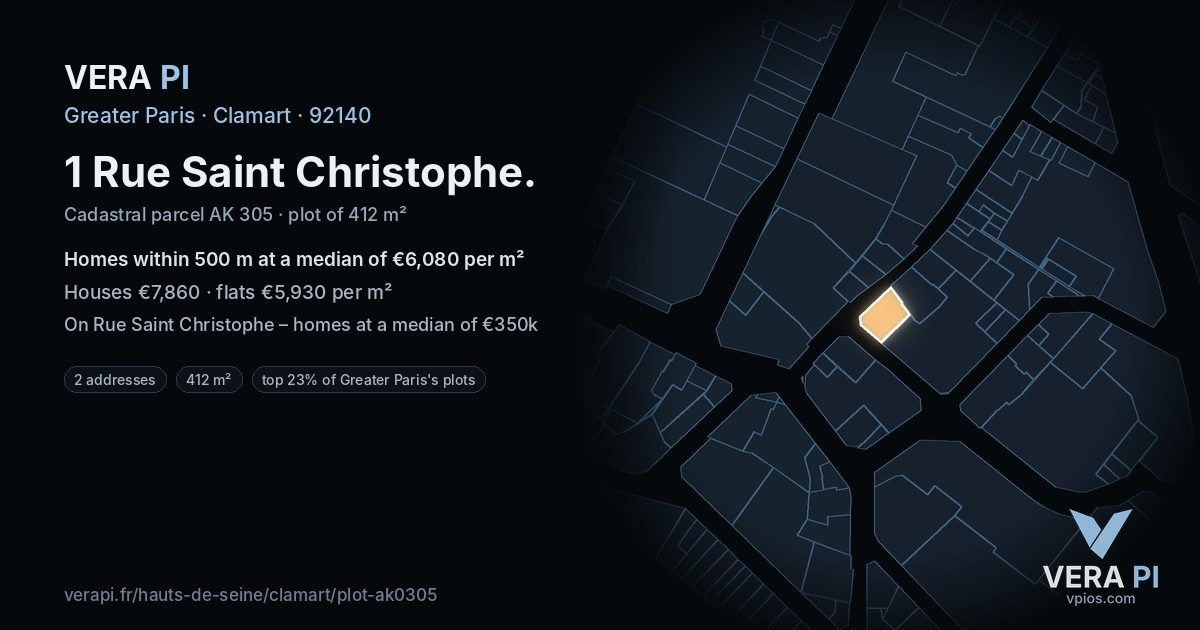 1 Rue Saint Christophe, Clamart at night – the plot lit, the parcels around coloured by the prices near them