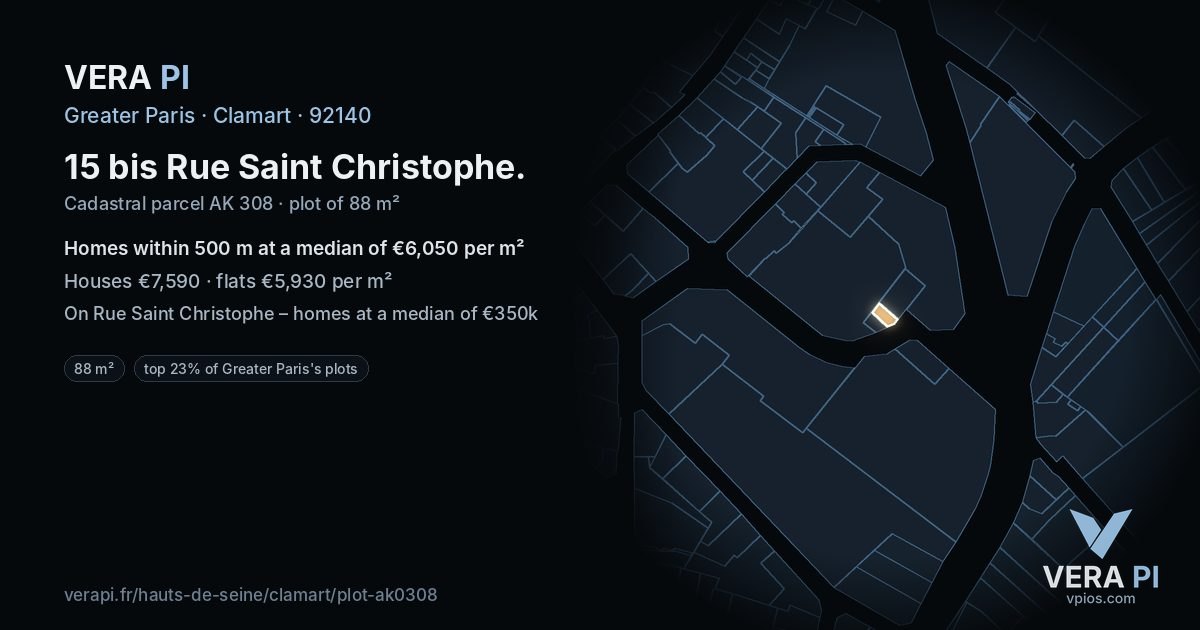 15 bis Rue Saint Christophe, Clamart at night – the plot lit, the parcels around coloured by the prices near them