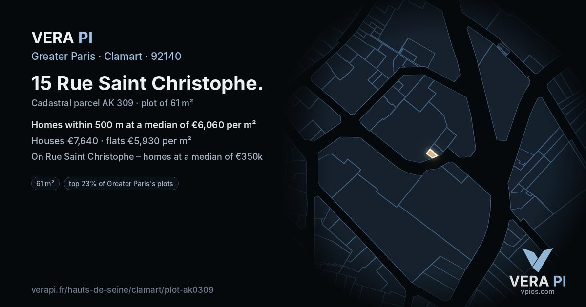 15 Rue Saint Christophe, Clamart at night – the plot lit, the parcels around coloured by the prices near them