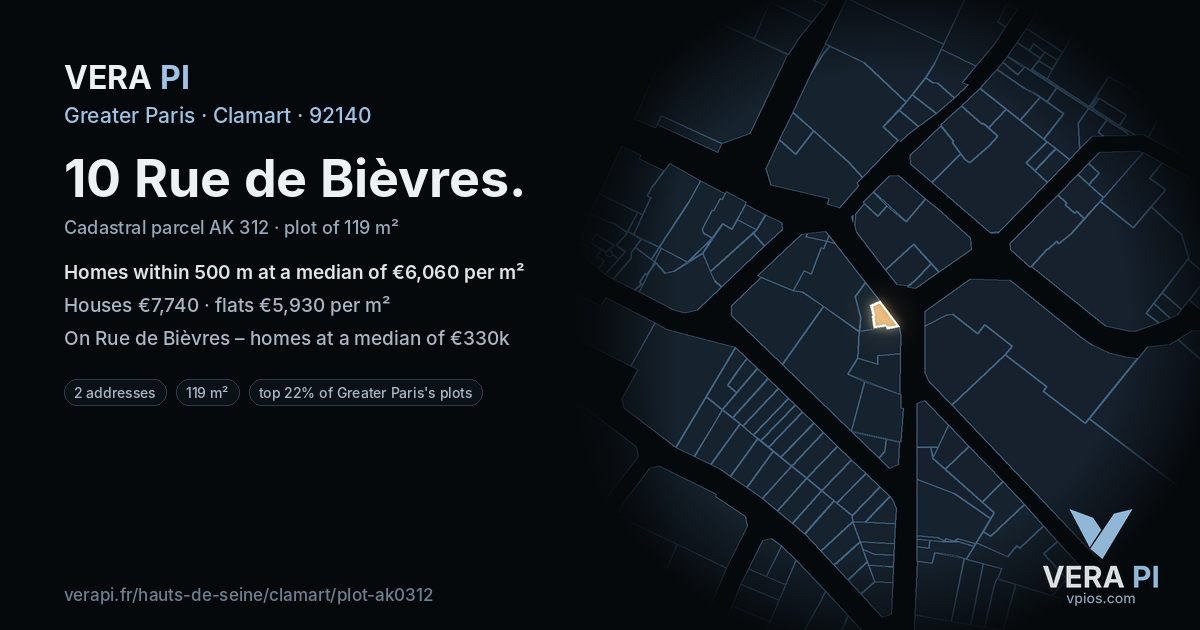 10 Rue de Bièvres, Clamart at night – the plot lit, the parcels around coloured by the prices near them