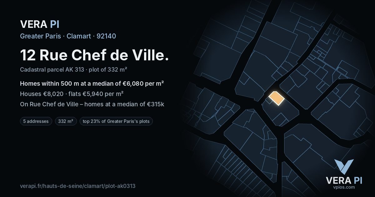 12 Rue Chef de Ville, Clamart at night – the plot lit, the parcels around coloured by the prices near them