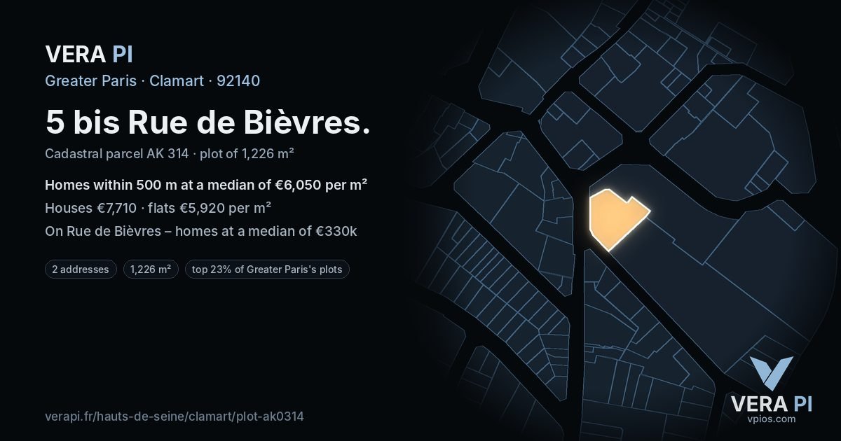 5 bis Rue de Bièvres, Clamart at night – the plot lit, the parcels around coloured by the prices near them