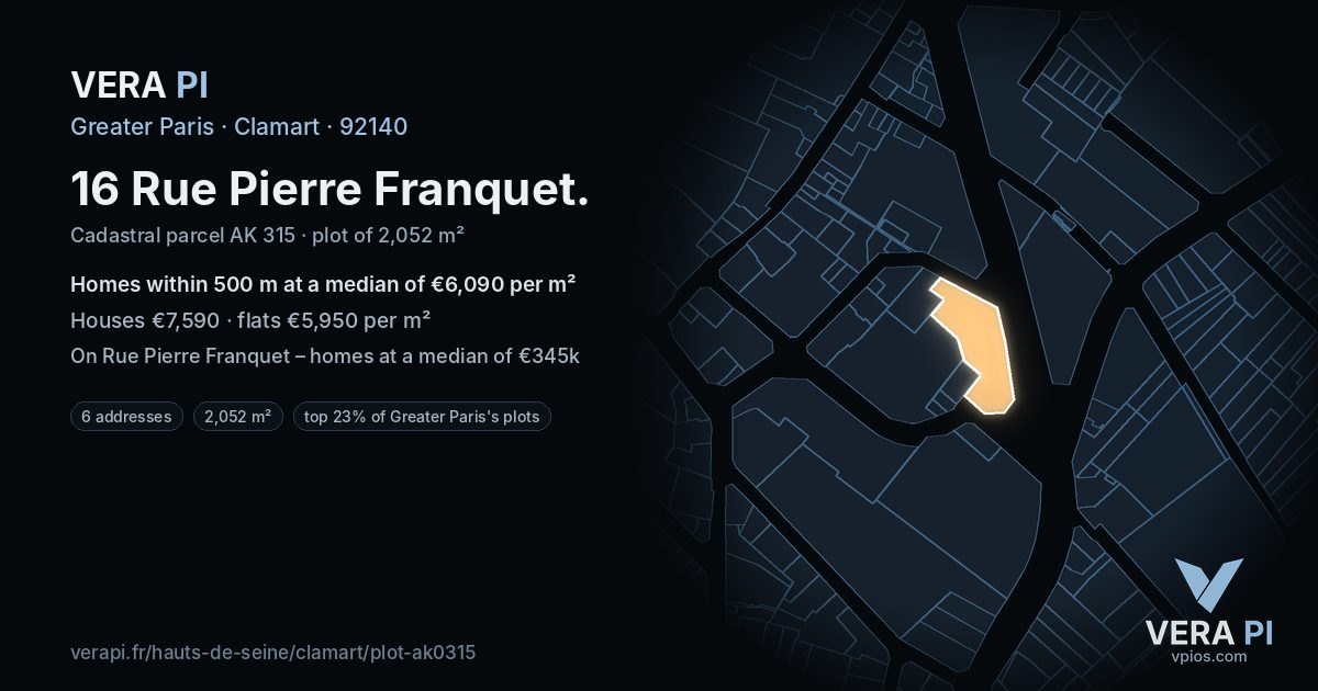 16 Rue Pierre Franquet, Clamart at night – the plot lit, the parcels around coloured by the prices near them