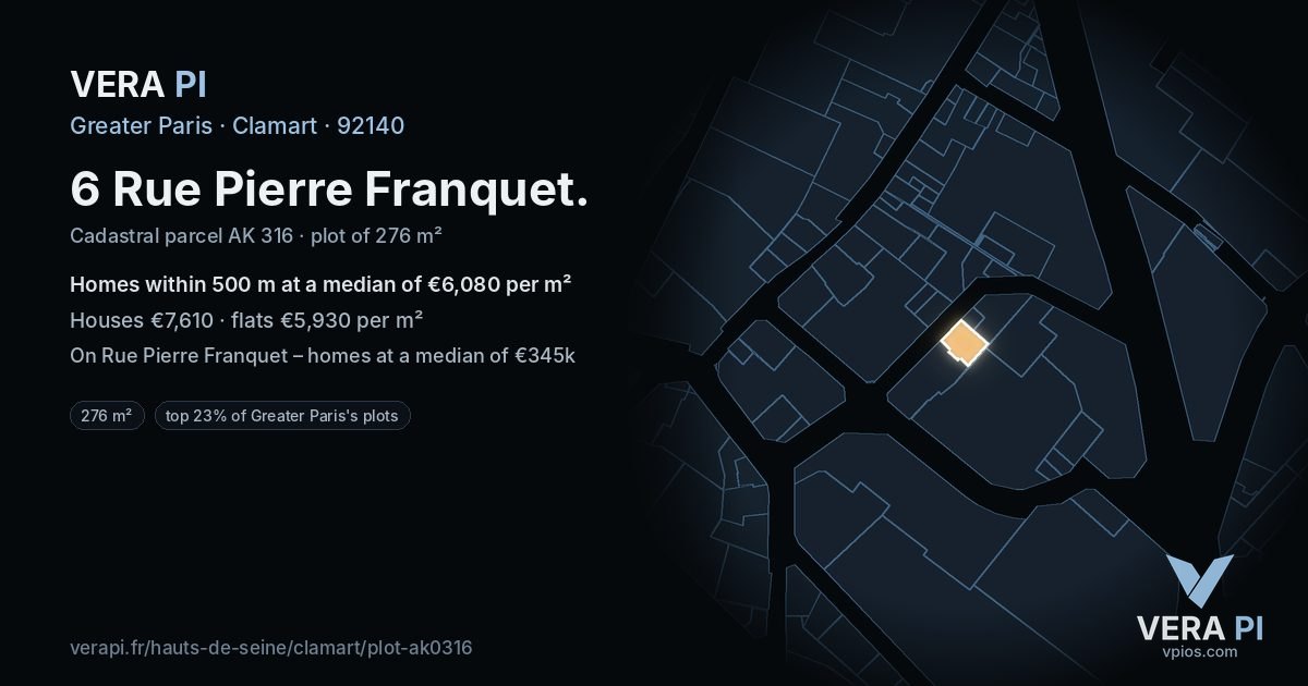 6 Rue Pierre Franquet, Clamart at night – the plot lit, the parcels around coloured by the prices near them