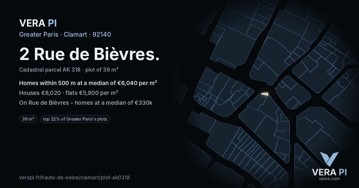 2 Rue de Bièvres, Clamart at night – the plot lit, the parcels around coloured by the prices near them