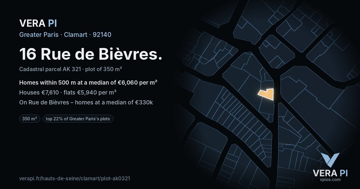 16 Rue de Bièvres, Clamart at night – the plot lit, the parcels around coloured by the prices near them