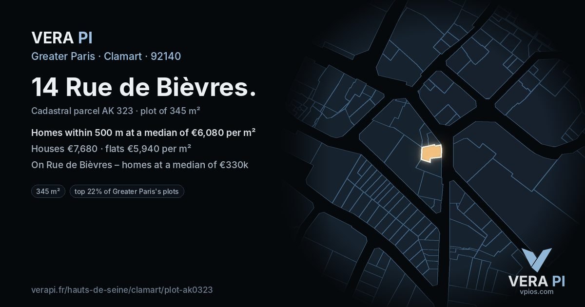 14 Rue de Bièvres, Clamart at night – the plot lit, the parcels around coloured by the prices near them